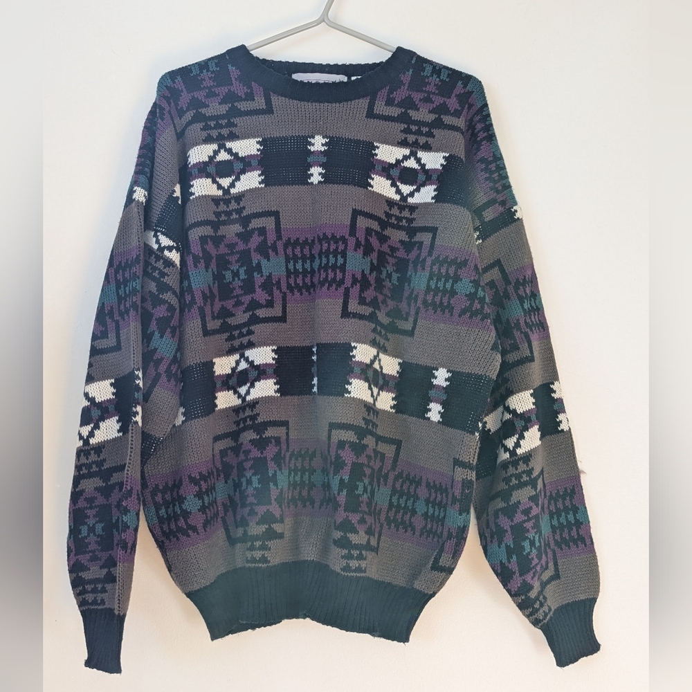 Men's Patterned Crewneck Sweater - Black, Gray, Purple